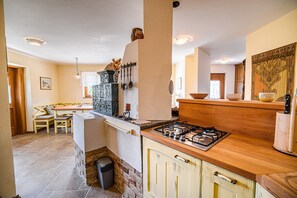 Fridge, stovetop, cookware/dishes/utensils