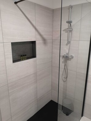 Shower, hair dryer, towels