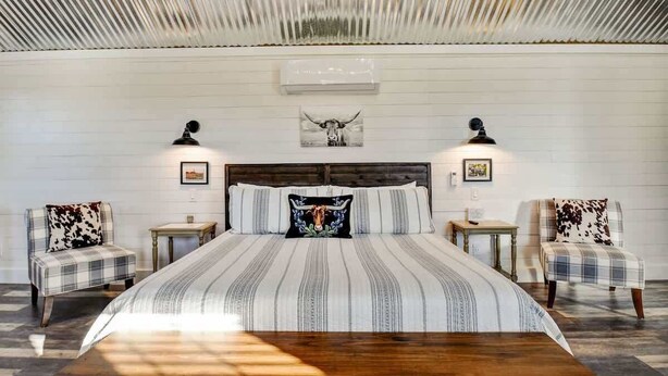 A spacious bedroom with a large bed, two bedside tables, and a headboard with a mounted artwork. - Holy Cow Cottage w/Amazing Hill Country Views (Fredericksburg)