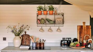 Fridge, oven, electric kettle, toaster