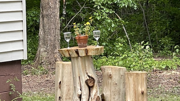 Un'area salotto esterna rustica con un tavolo e sedie in legno ricavati da tronchi d'albero, immersa nel verde.