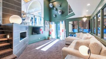 Smart TV, fireplace, video games, foosball