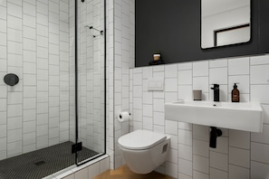 Douche, séchoir à cheveux, serviettes fournies, savon