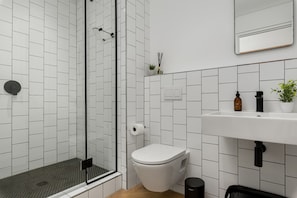 Shower, hair dryer, towels, shampoo