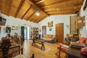 A spacious living area with a high wooden ceiling, a fireplace, and a cozy seating arrangement.