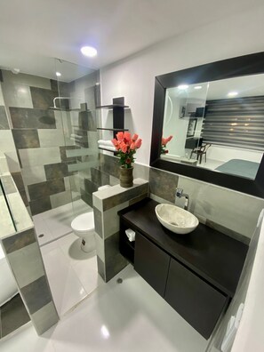 Serviettes fournies, savon, shampoing, papier toilette