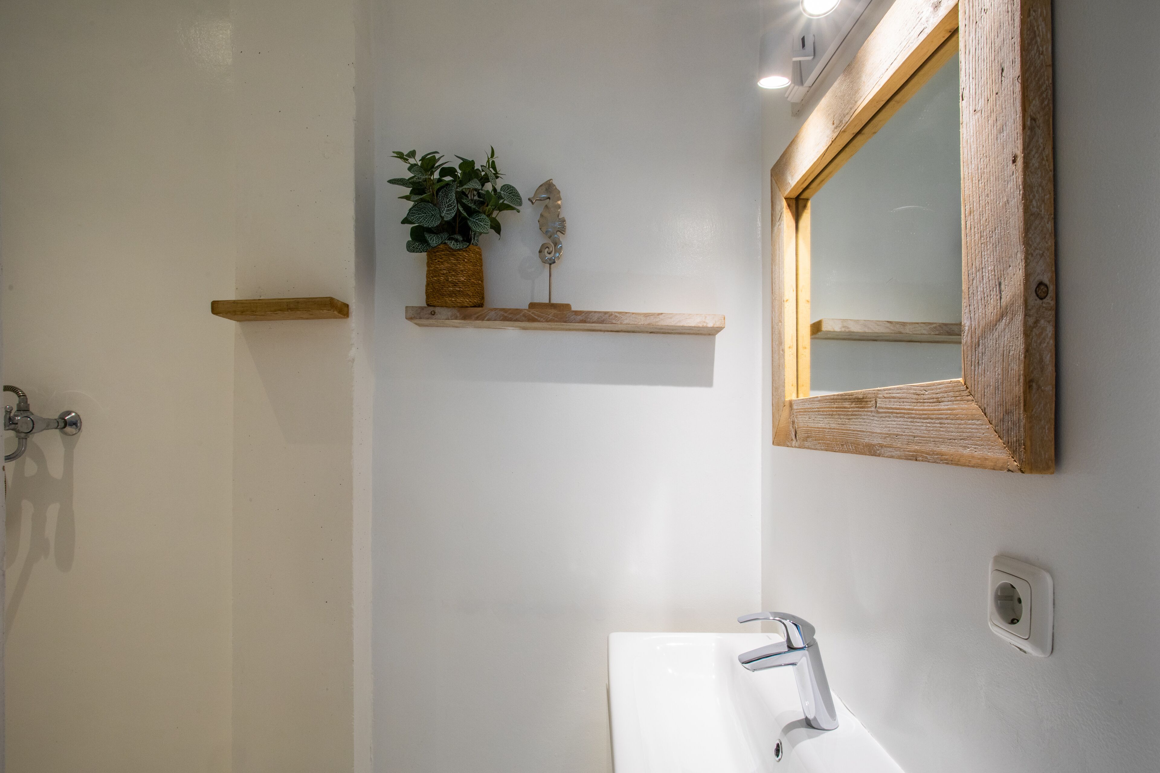 A bathroom with a white sink, a wooden shelf with a plant and a decorative item, and a mirror with a wooden frame.