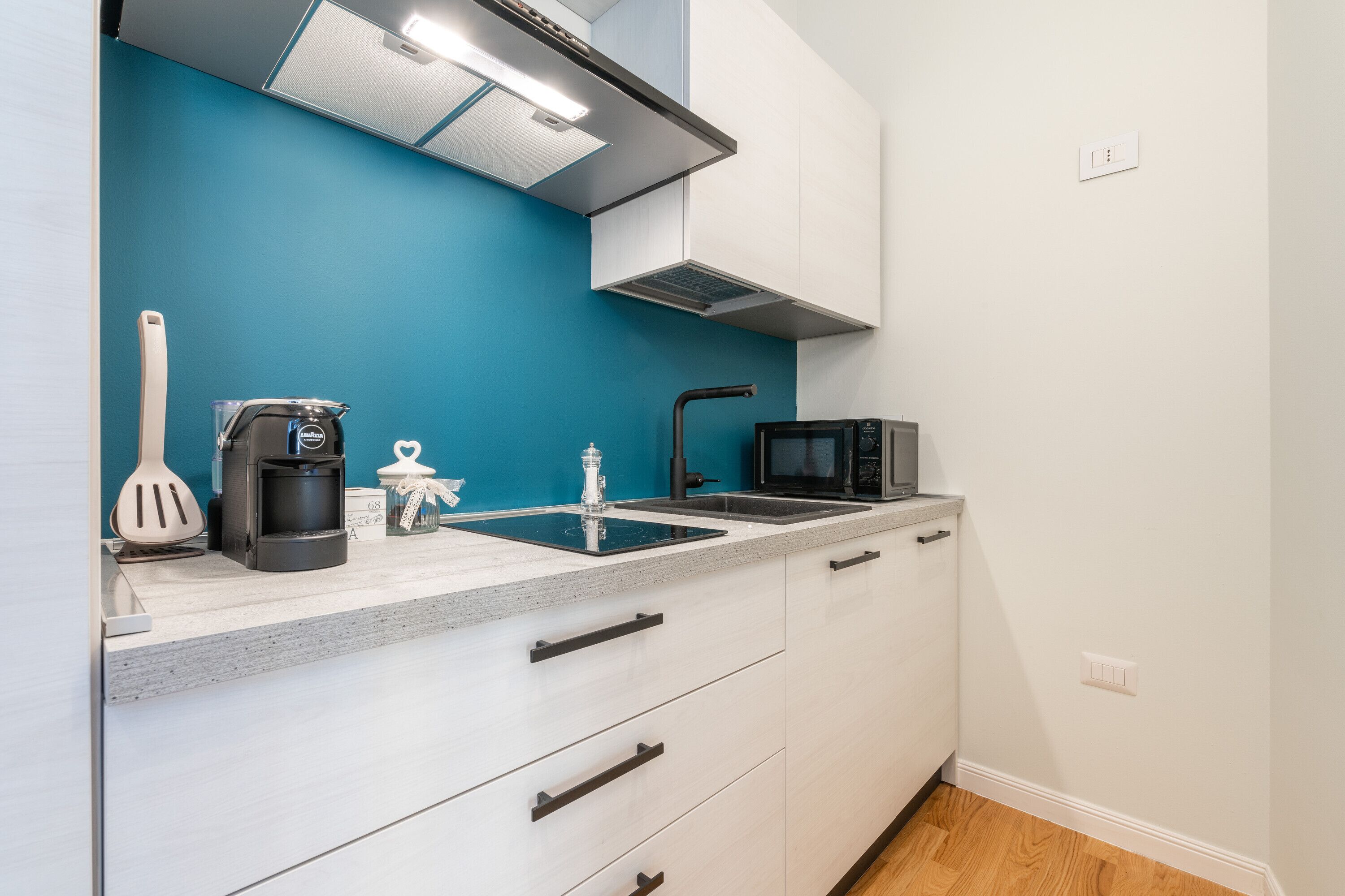 Frigorifero, microonde, piano cottura, lavastoviglie