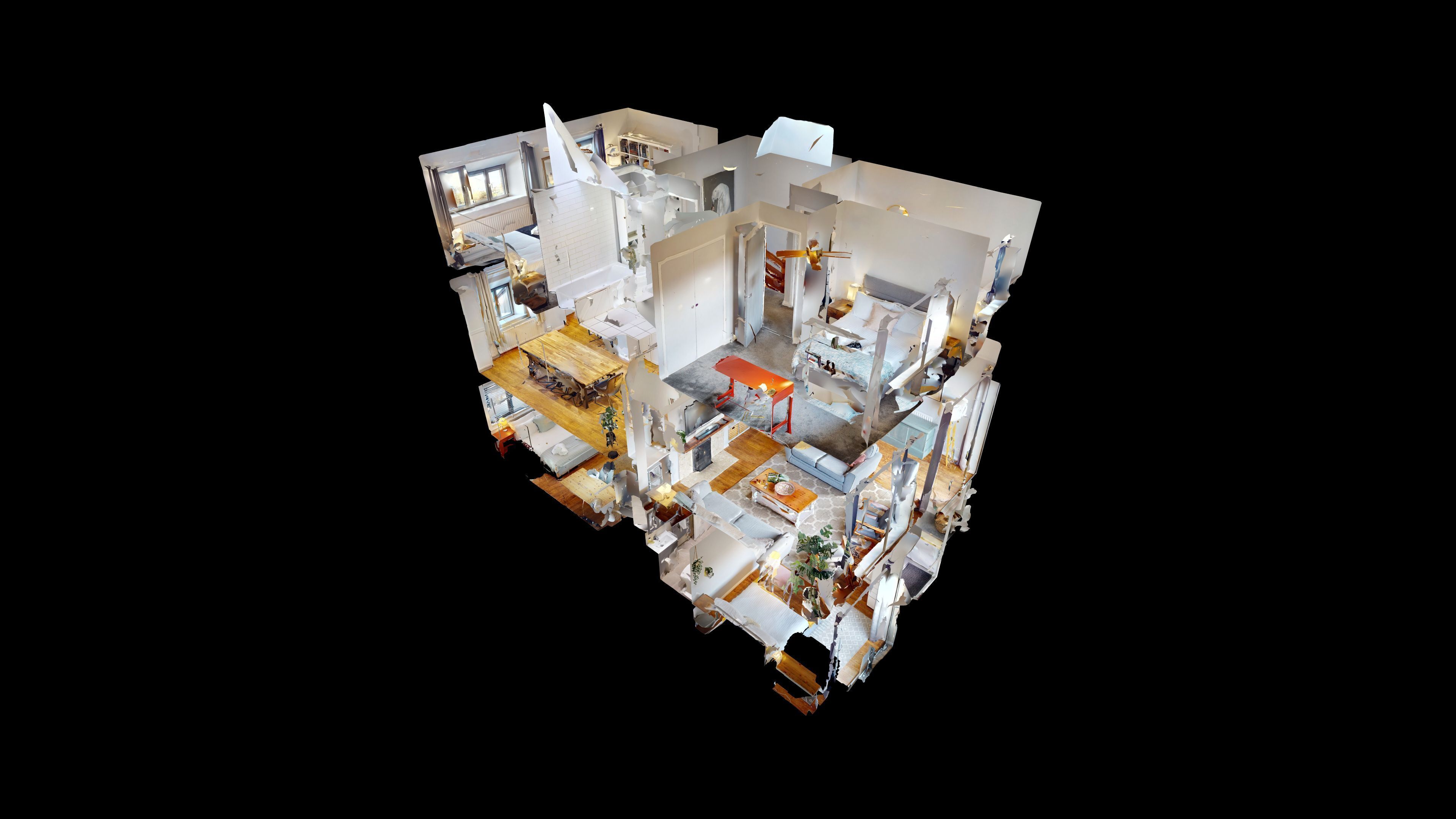 Modelo 3D de un apartamento moderno con cocina, comedor, sala de estar y un balcón.