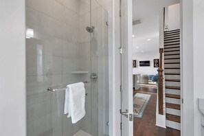 Shower, hair dryer, shampoo