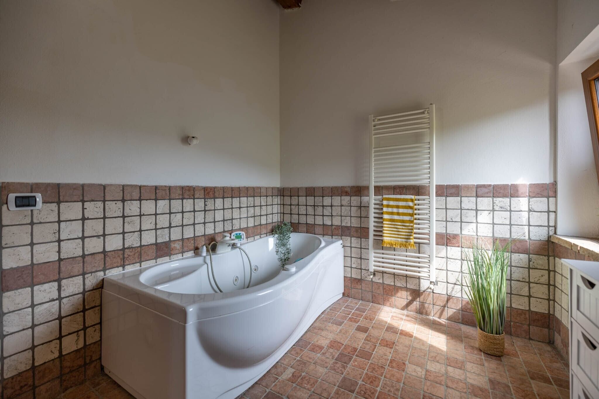 A bathroom with a large bathtub, a towel rack, and a potted plant.