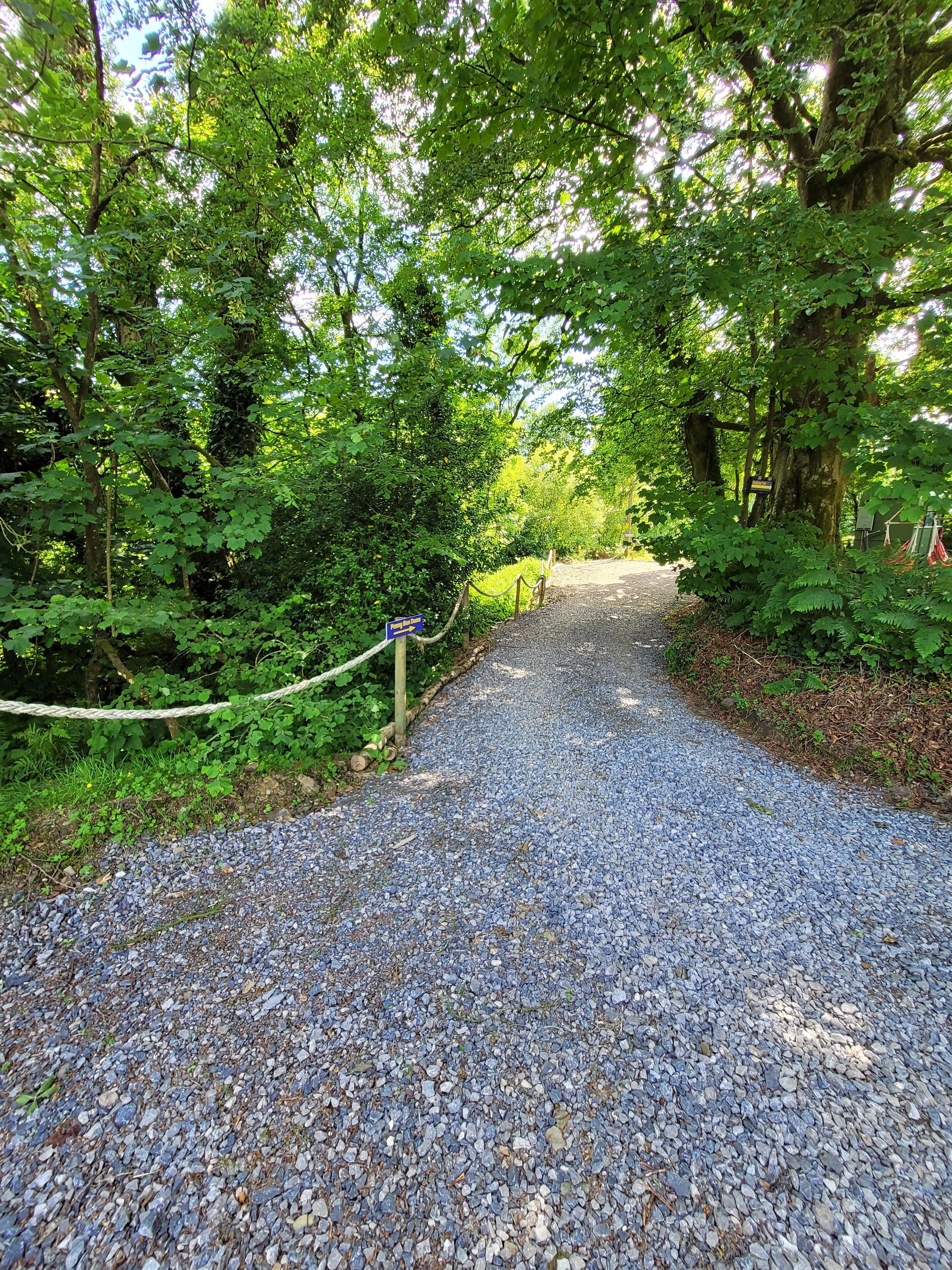 A gravel pathway leading through a wooded area with a rope barrier and a sign indicating a parking area.