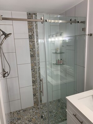 Hair dryer, towels, soap, shampoo