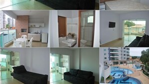A modern apartment with a living area, kitchenette, bathroom, and a balcony with a pool. - Temporada Fiore Prime Caldas Novas (Caldas Novas)