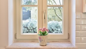 A window with a white frame and a handle, overlooking a garden with bushes and a tree. - House 2303/98197 (Istria - Rakovci), 10000m from the beach (Rakovci)
