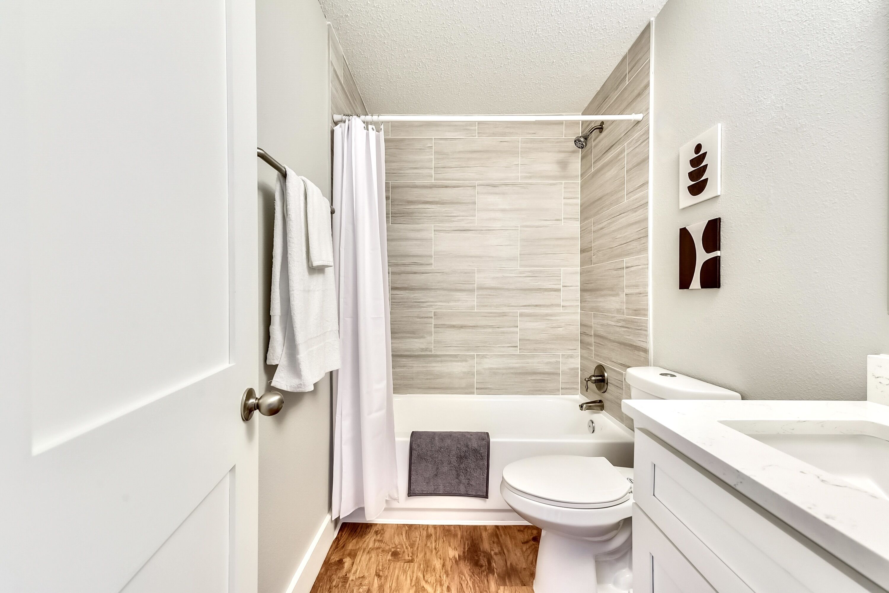 Hair dryer, towels, soap, shampoo