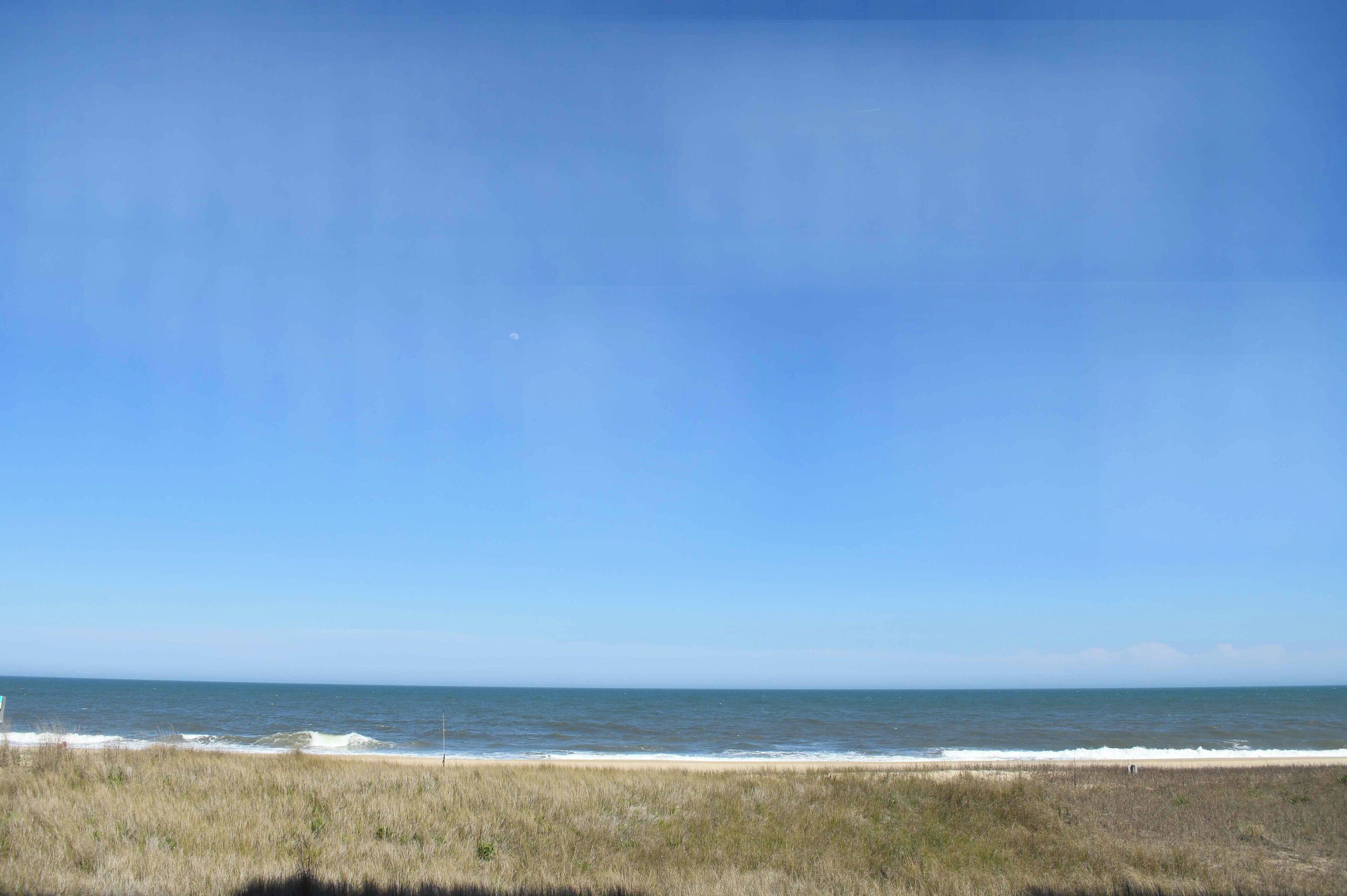 Ein Strand mit blauem Himmel und ruhiger See.