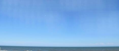 Ein Strand mit blauem Himmel und ruhiger See.