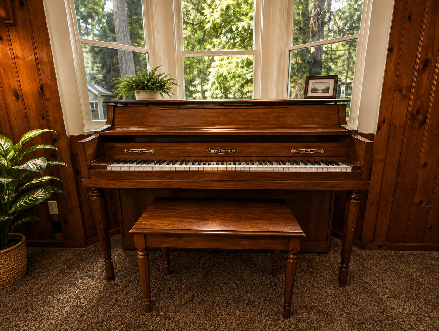 Un piano de cola con un banco en una habitación con paredes de madera y ventanas grandes.