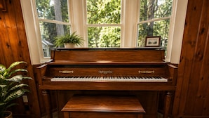 A grand piano with a bench in a room with wooden walls and large windows. - Crest Lodge Historic Mountain Inn (Crestline)