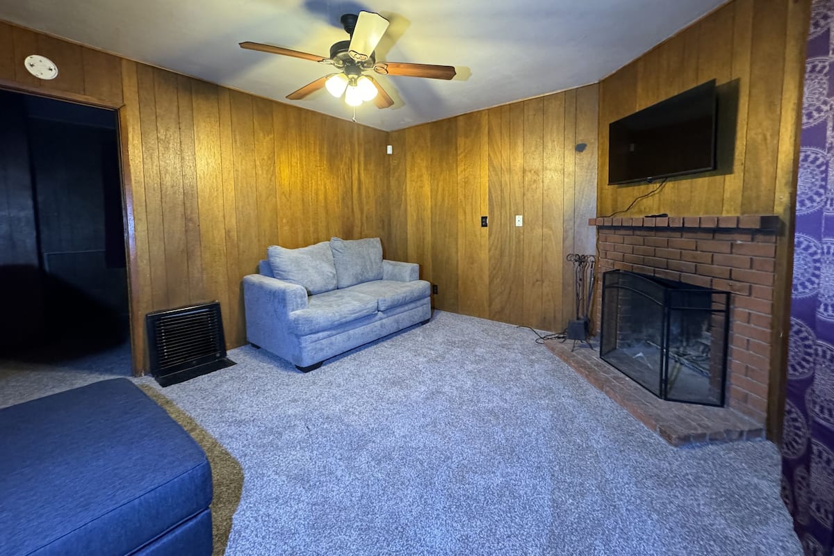 Une pièce avec un mur lambrissé en bois, un ventilateur de plafond, une cheminée, un téléviseur fixé au-dessus, et un canapé bleu clair.