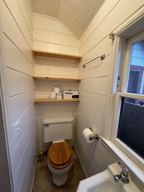 Ein kleines, kompaktes Badezimmer mit Toilette, einem Holzregal darüber und einem Fenster zur Rechten.