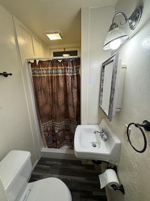 A bathroom with a toilet, sink, shower curtain, and a mirror. - Crest Lodge Historic Mountain Inn (Crestline)