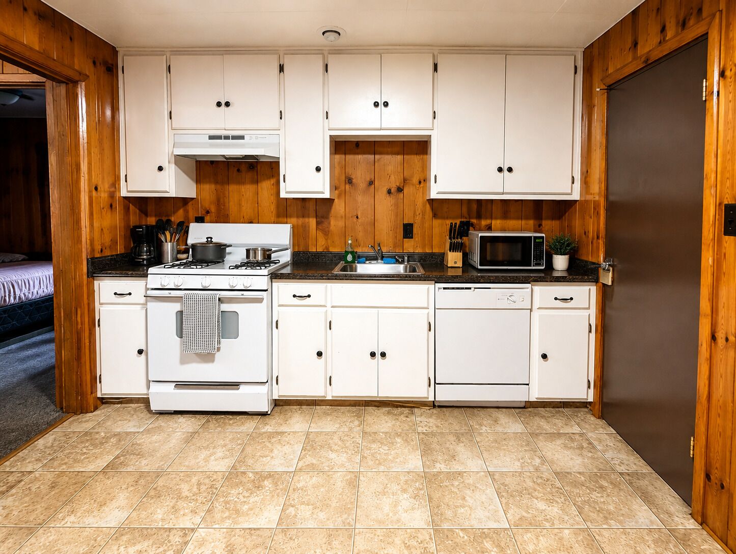 A compact kitchen with white cabinets, a stove, a microwave, and a dishwasher.
