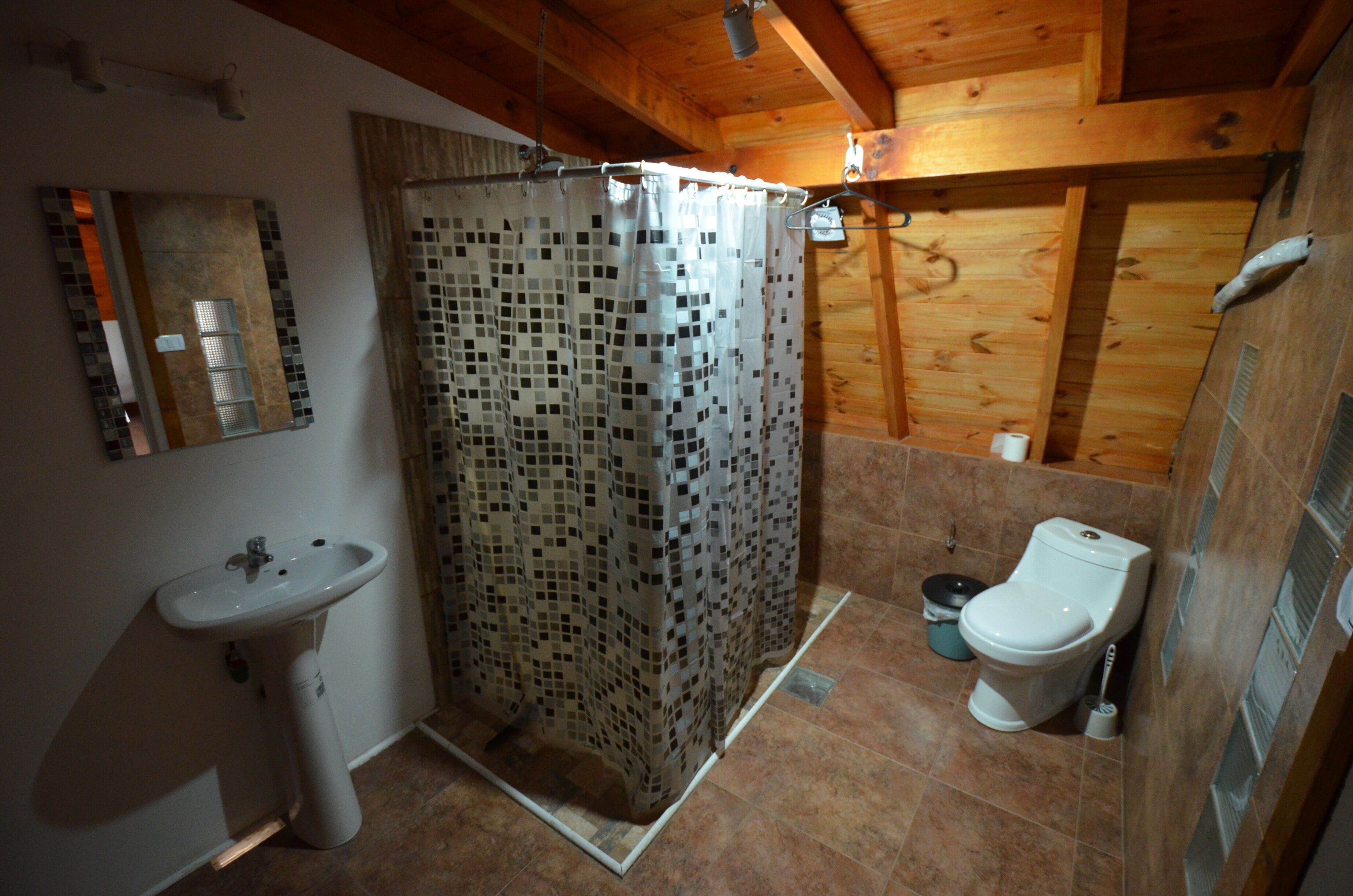 Ein Badezimmer mit gefliestem Duschbereich, Waschbecken und Toilette.