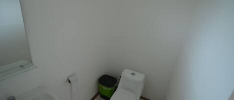 A small bathroom with a white sink, toilet, and green trash bin.