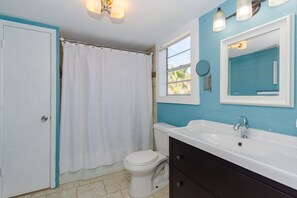 Hair dryer, towels, shampoo, toilet paper
