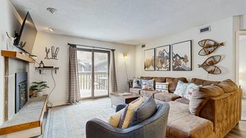 Télévision, cheminée, livres