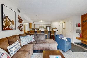 TV, fireplace, books