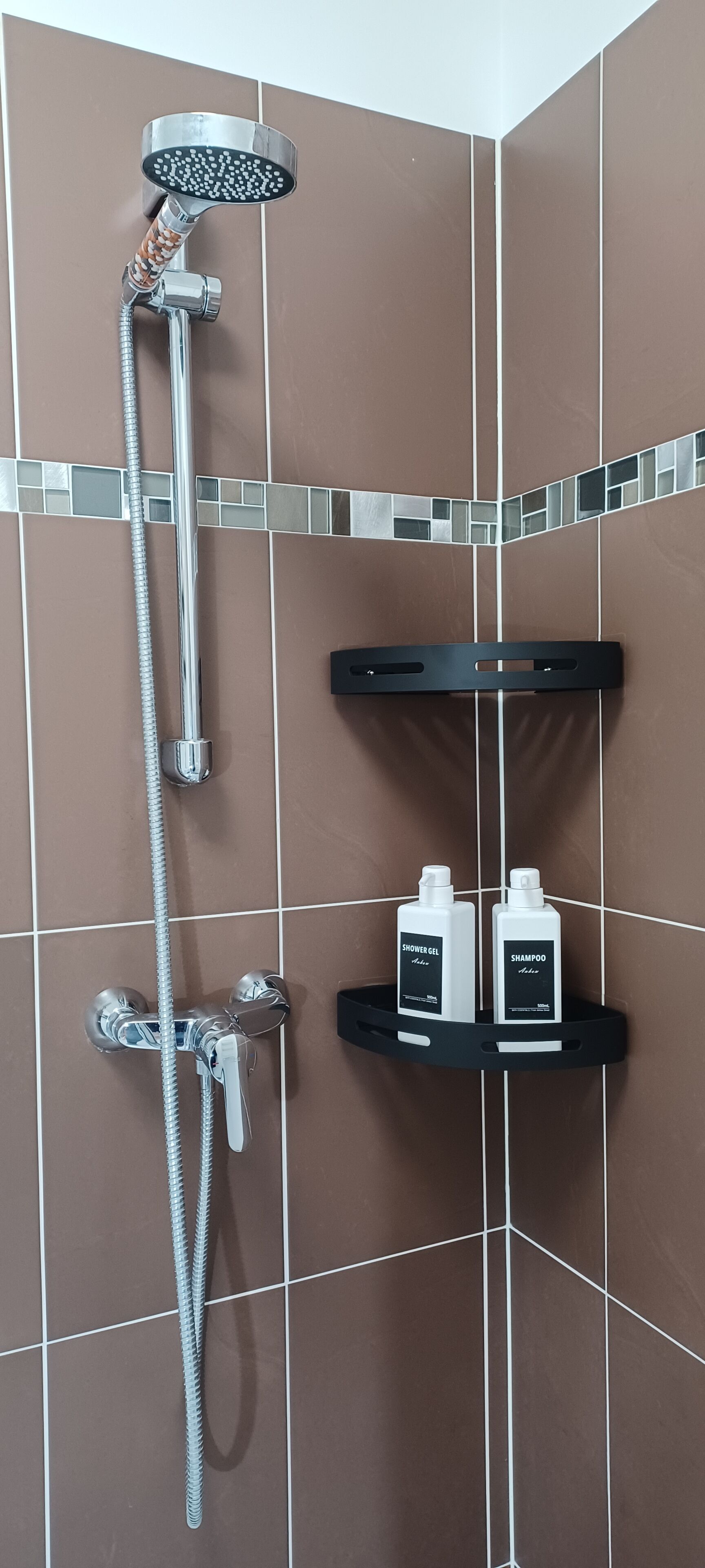 Ein Badezimmer mit Dusche, Duschbrausehandstück und zwei Flaschen Duschgel und Shampoo auf einem schwarzen Regal.