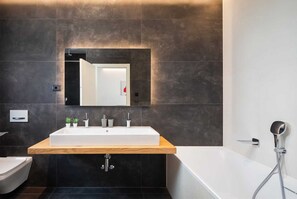 Shower, hair dryer, bidet, towels
