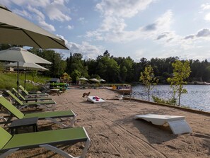 On the beach, sun loungers