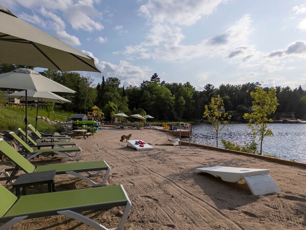 On the beach, sun loungers