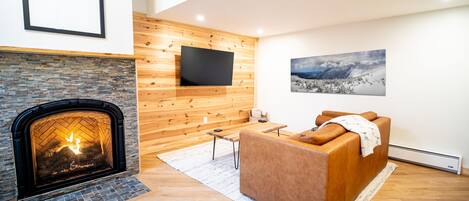 Smart TV, fireplace, books, stereo