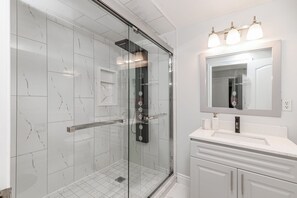 Hair dryer, towels, soap, shampoo