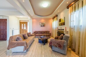 Télévision, cheminée, lecteur de DVD, table de tennis de table