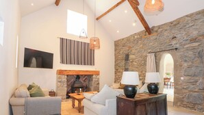 A spacious living room with a stone wall, a fireplace, and modern furnishings. - Ysgubor Maen Y Bardd (Conwy)