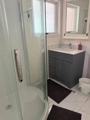 Shower, hair dryer, towels, toilet paper