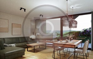 Una sala de estar moderna con un sofá, una mesa de centro y un comedor con sillas. Hay un ventanal que ofrece vistas a la vegetación exterior.