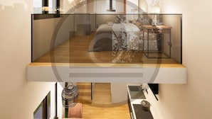 A modern interior with a loft-style bedroom, a kitchen area, and a dining space. - Ferienhauspark Hasselfelde (Oberharz am Brocken)