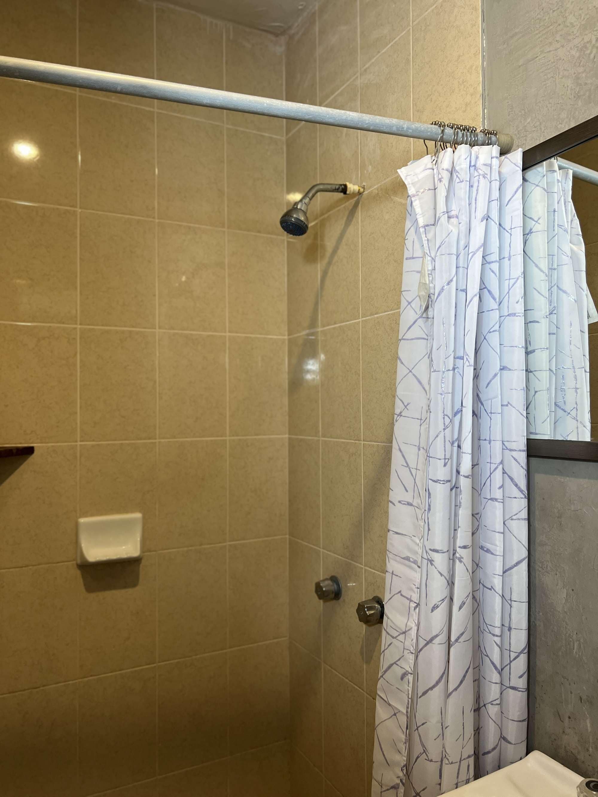 A shower with a glass door, a handheld showerhead, and a towel rack.