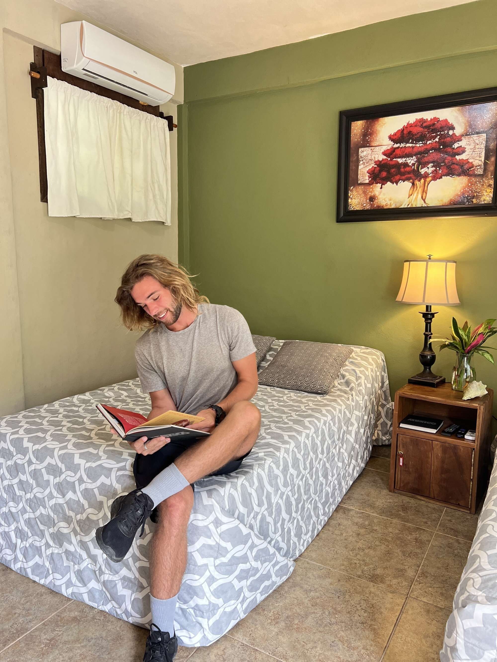 A person sitting on a bed reading a book in a room with a green wall, a framed picture, a bedside lamp, and a nightstand with a remote control.