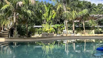 Una piscina cristalina rodeada de exuberante vegetación tropical, con palmeras y plantas de banano.