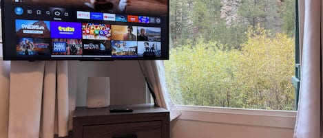 Televisor amb diversos canals i finestra amb vista a arbres.
