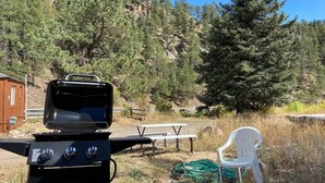 Una parrilla portátil con controles, una mesa de picnic, una silla de plástico blanco y una manguera verde en un área al aire libre con césped y árboles al fondo.
