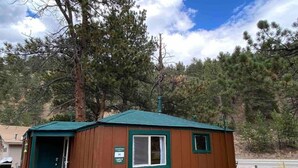 A small, single-story cabin with a green roof, a door, and a window.